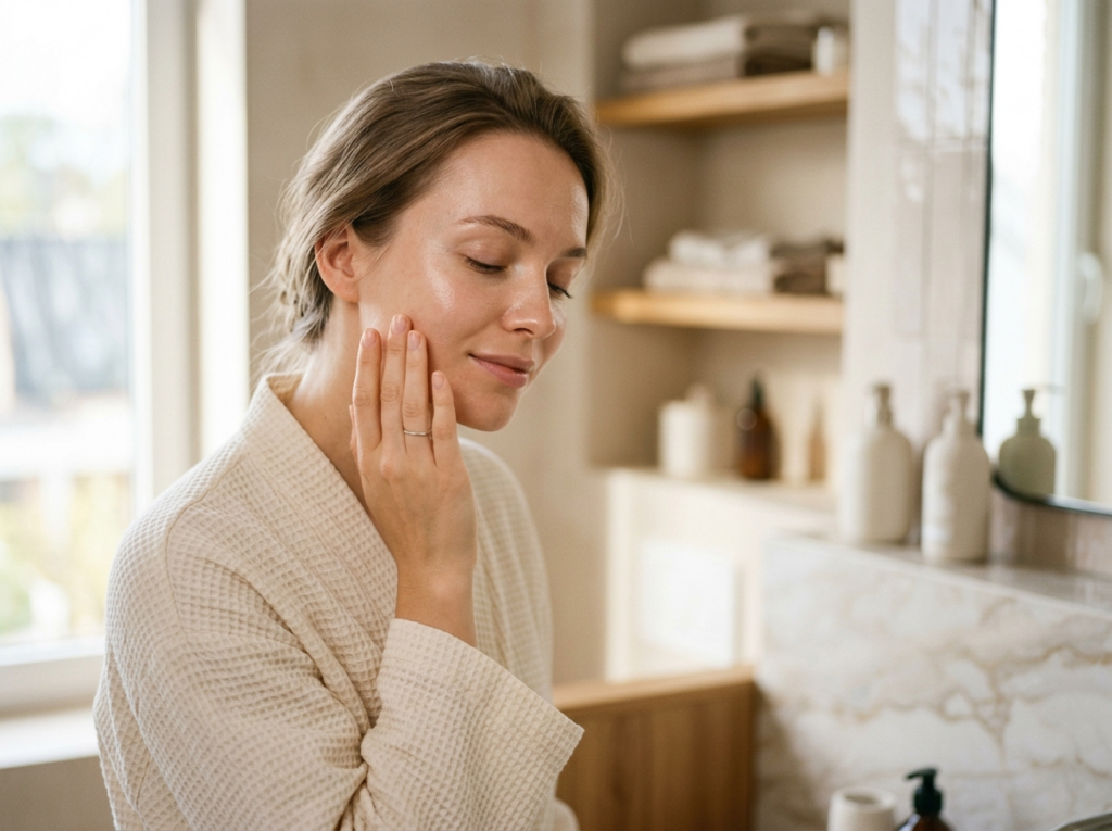 Młoda kobieta z promienną cerą delikatnie dotyka policzka, symbolizując codzienny rytuał skincare.
