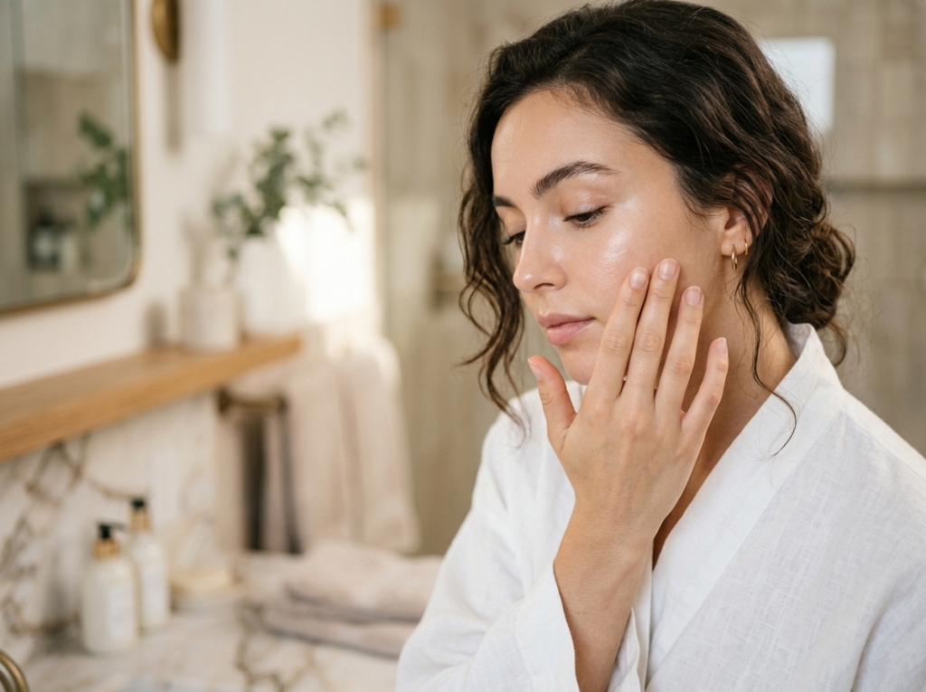 Młoda kobieta z promienną cerą po zabiegu peeling kwasowy, delikatnie dotykająca policzka.