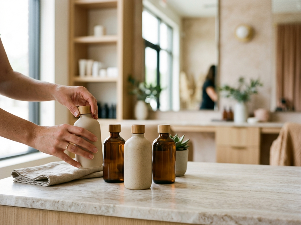Profesjonalne ręce stylisty wybierające eleganckie szampony fryzjerskie z kolekcji w nowoczesnym salonie.