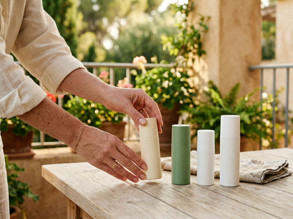 Ręce kobiety wybierające jedno z wielu opakowań aloe SPF 50 na słonecznym tarasie.