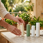 Ręce kobiety wybierające jedno z wielu opakowań aloe SPF 50 na słonecznym tarasie.