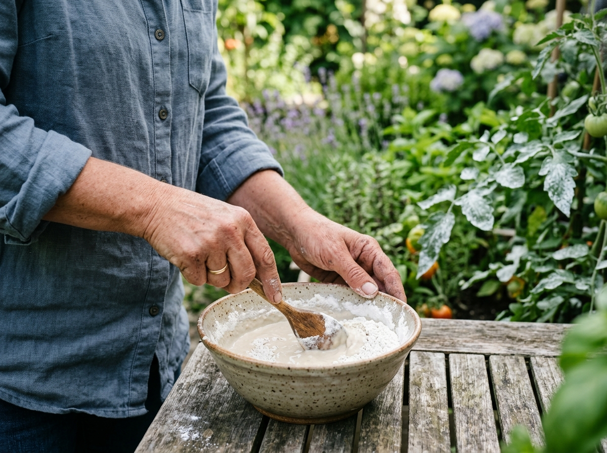 Ręce ogrodnika przygotowującego naturalny oprysk z glinki kaolinowej dla zdrowych roślin w ogrodzie.