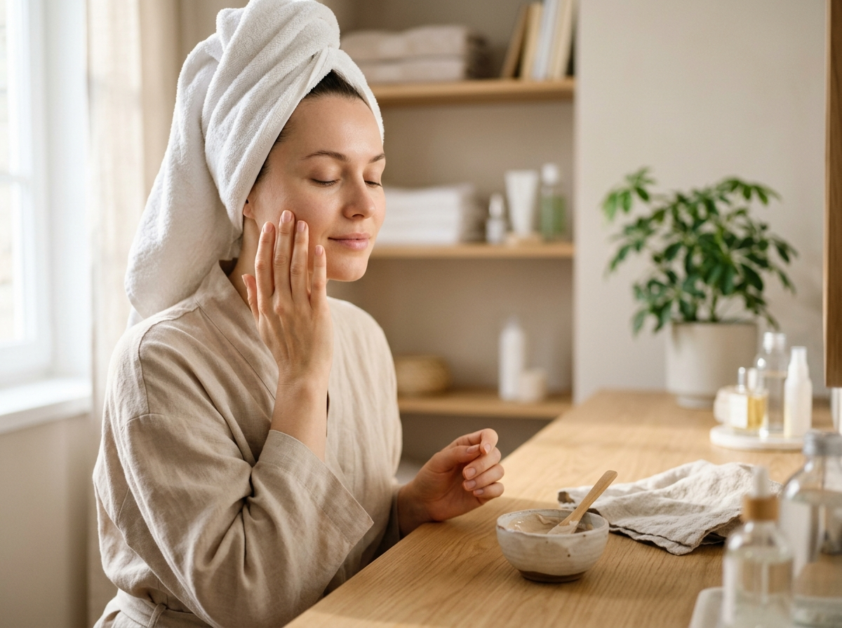 Spokojna kobieta z ręcznikiem na włosach, dotykająca gładkiej cery po masce z glinki kaolinowej.