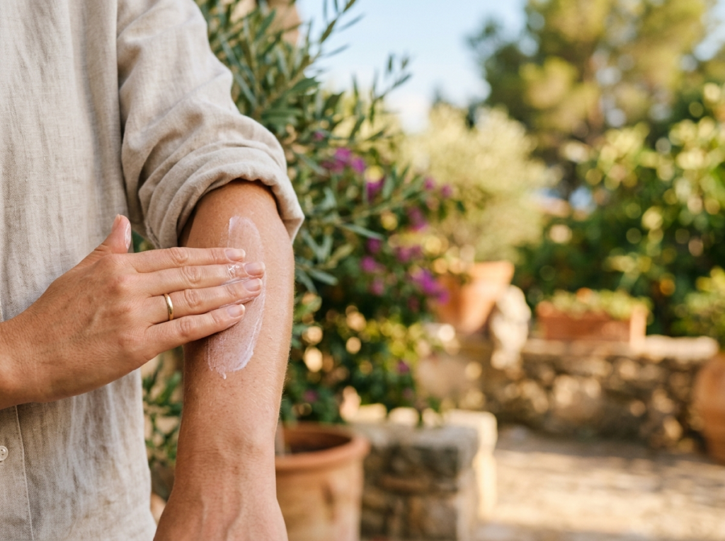 Zbliżenie dłoni delikatnie nakładającej ochronny sunscreen na przedramię w słoneczny dzień.