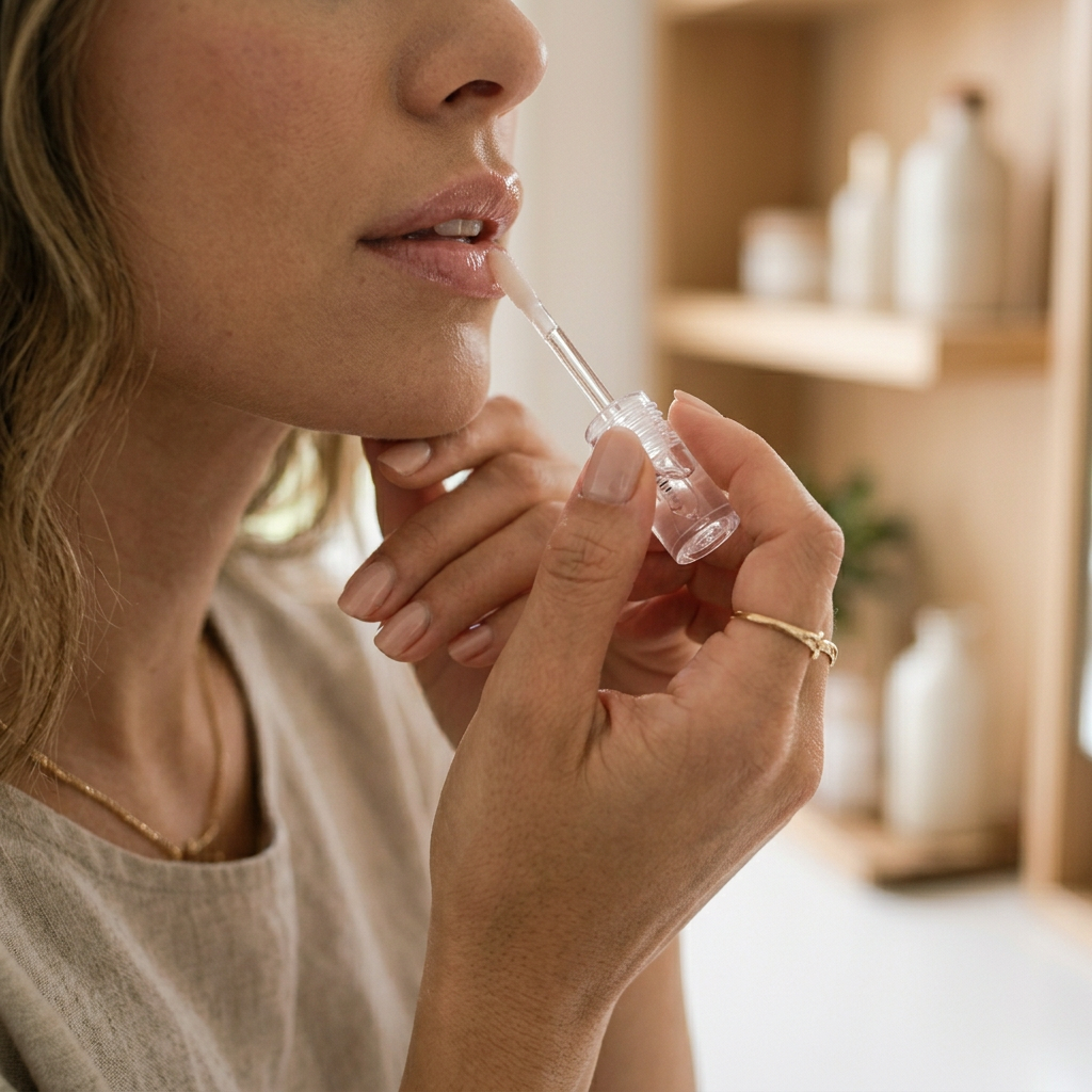 Zbliżenie na dłonie delikatnie aplikujące nawilżający olejek do ust na miękkie wargi.