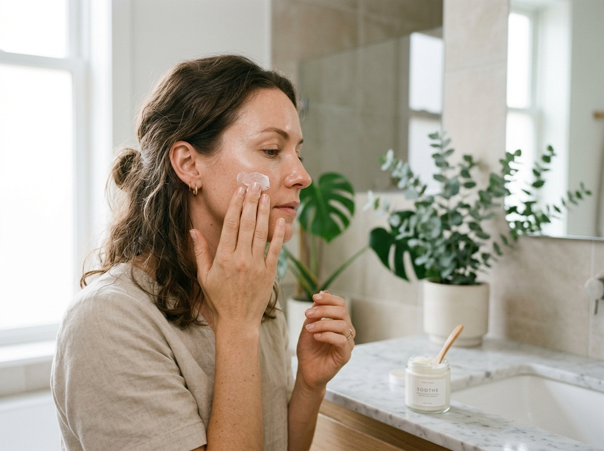 Zbliżenie na dłonie delikatnie nakładające krem nawilżający na twarz, symbolizujące minimalistyczną pielęgnację twarzy.