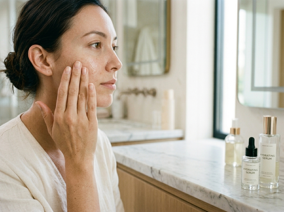 Zbliżenie na dłonie delikatnie wklepujące kosmetyki do twarzy w skórę, w tle rozmyta łazienka.
