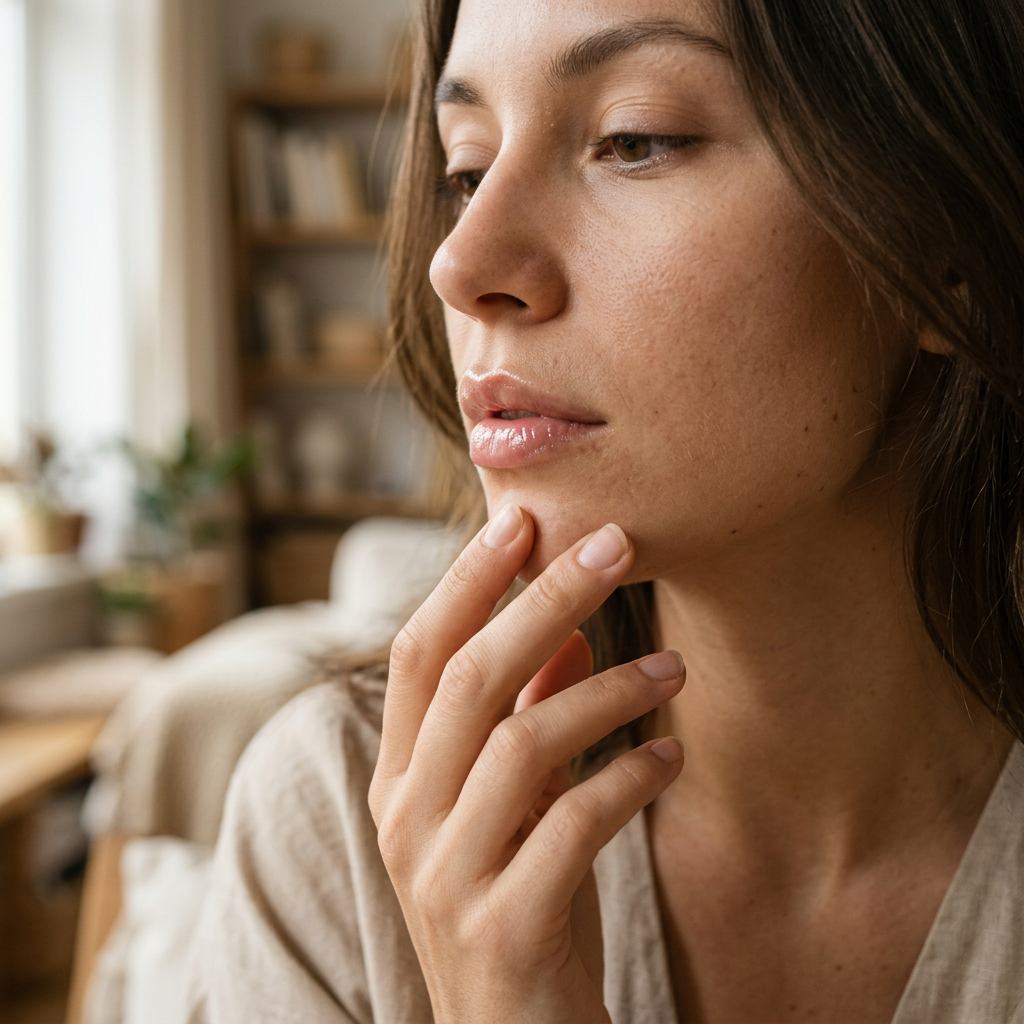 Zbliżenie na usta kobiety z delikatnie lśniącym olejkiem do ust, w tle miękkie rozmycie.