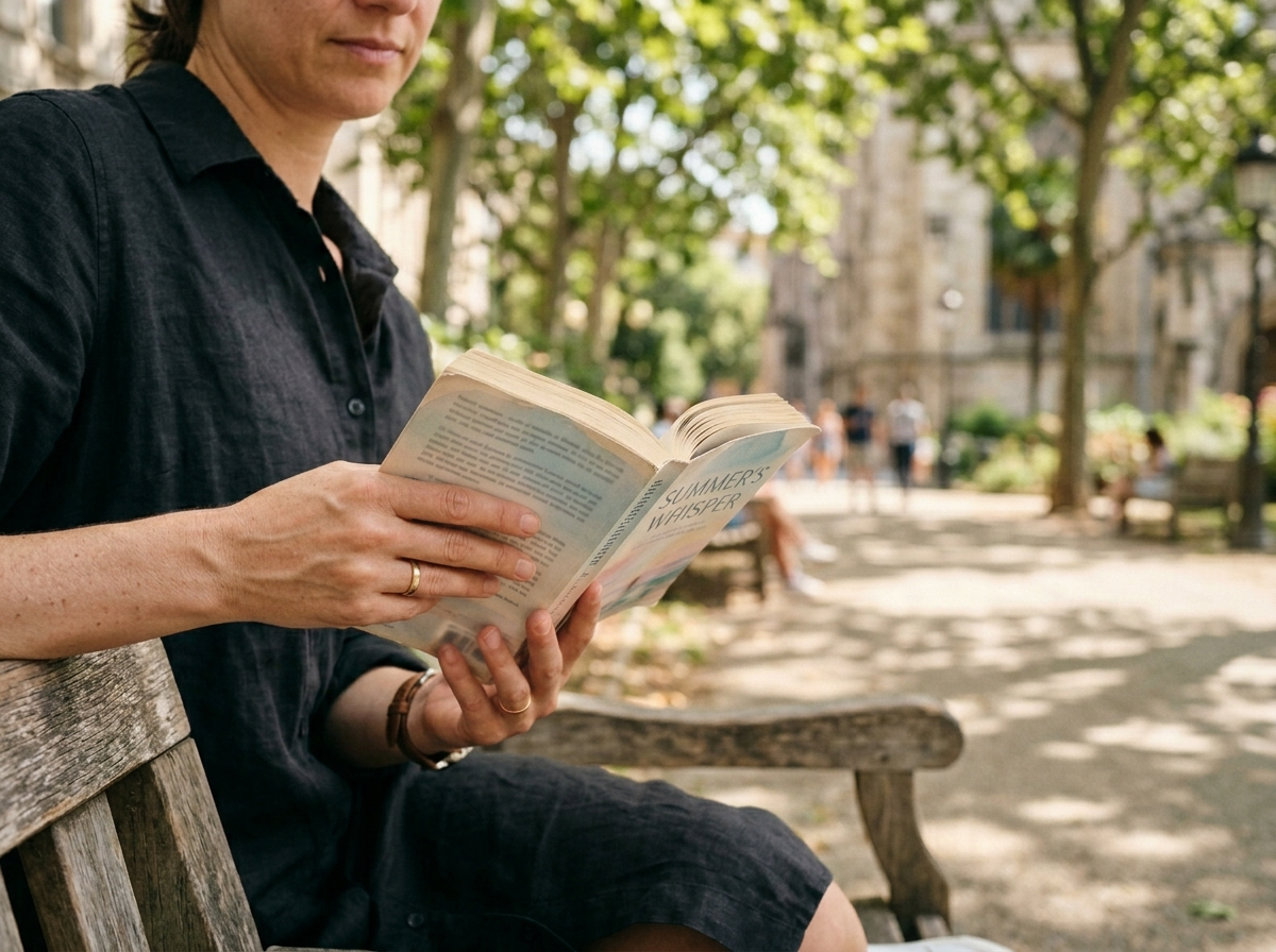 Zrelaksowane dłonie czytające książkę na słonecznej ławce w parku, cieszące się słońcem dzięki ochronie sunscreen.
