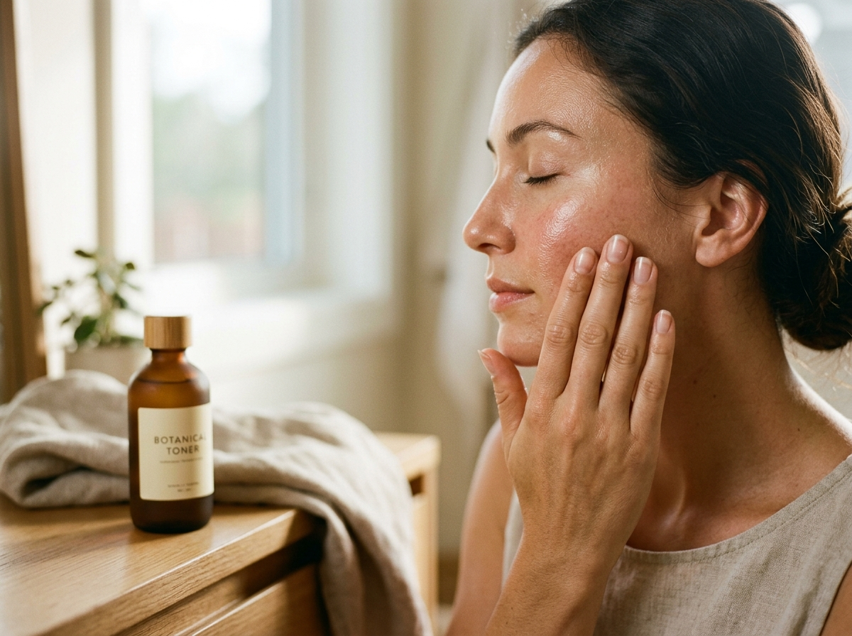 Dłonie delikatnie wklepujące tonik do twarzy w skórę, w tle rozmyta butelka produktu.