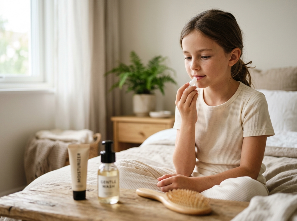 Dziewczynka w wieku 10 lat delikatnie aplikująca kosmetyki dla 10 latki, ucząca się pielęgnacji.