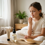 Dziewczynka w wieku 10 lat delikatnie aplikująca kosmetyki dla 10 latki, ucząca się pielęgnacji.