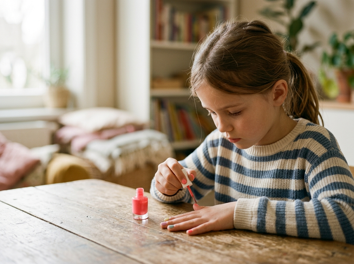 Dziewczynka w wieku 10 lat ostrożnie maluje paznokcie bezpiecznymi kosmetykami dla 10 latki.
