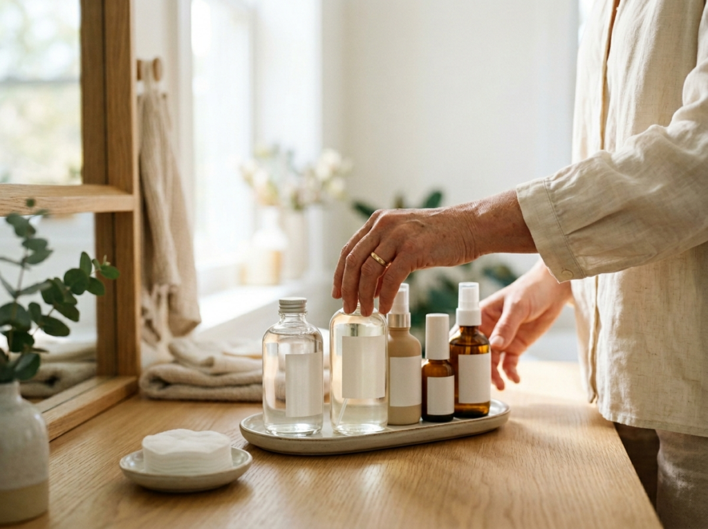 Kobieca dłoń wybierająca elegancki tonik do twarzy spośród kilku butelek na jasnej toaletce.