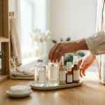 Kobieca dłoń wybierająca elegancki tonik do twarzy spośród kilku butelek na jasnej toaletce.