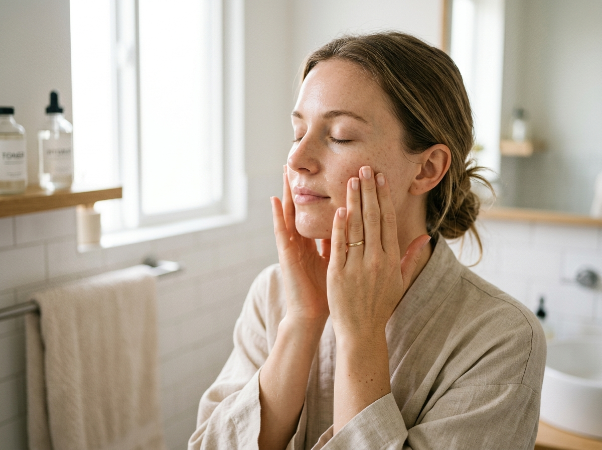 Kobieta delikatnie wklepuje nawilżający tonik do twarzy, ciesząc się poranną pielęgnacją.
