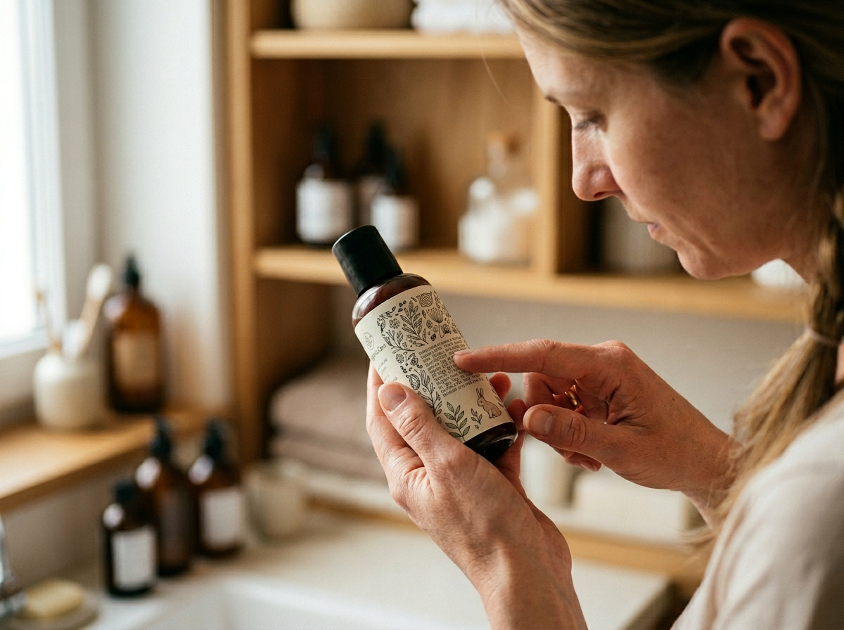 Matka uważnie czyta etykietę kosmetyków dla 10 latki, chroniąc jej delikatną skórę.