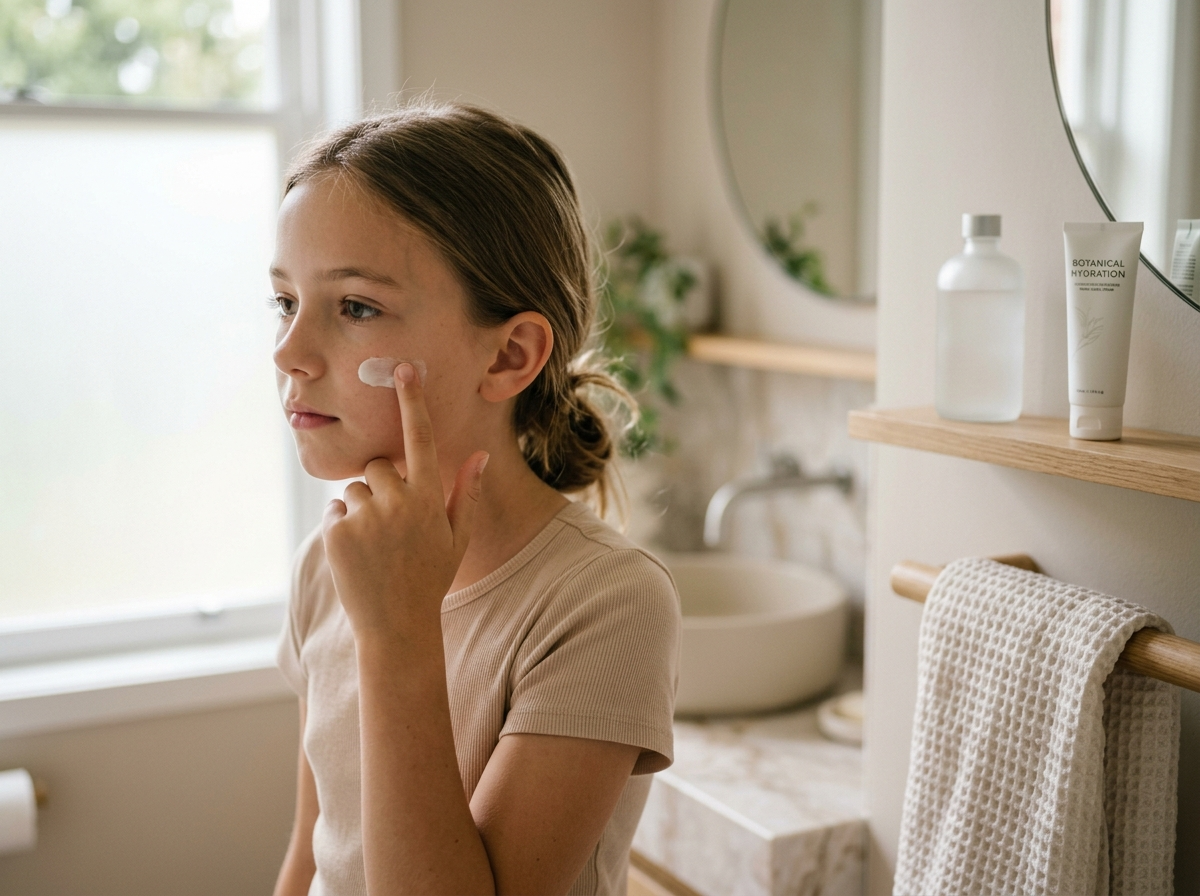 Młoda dziewczyna delikatnie nakładająca krem do twarzy, symbolizując świadome kosmetyki dla nastolatek.
