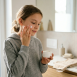 Młoda dziewczynka z naturalną cerą, aplikująca kosmetyki dla 12 latka, w jasnej, nowoczesnej łazience.