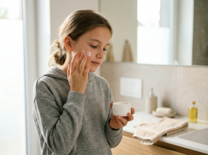Młoda dziewczynka z naturalną cerą, aplikująca kosmetyki dla 12 latka, w jasnej, nowoczesnej łazience.