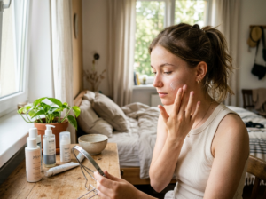 Młoda nastolatka w jasnym pokoju nakłada kosmetyki dla nastolatek, pielęgnując zdrową cerę.