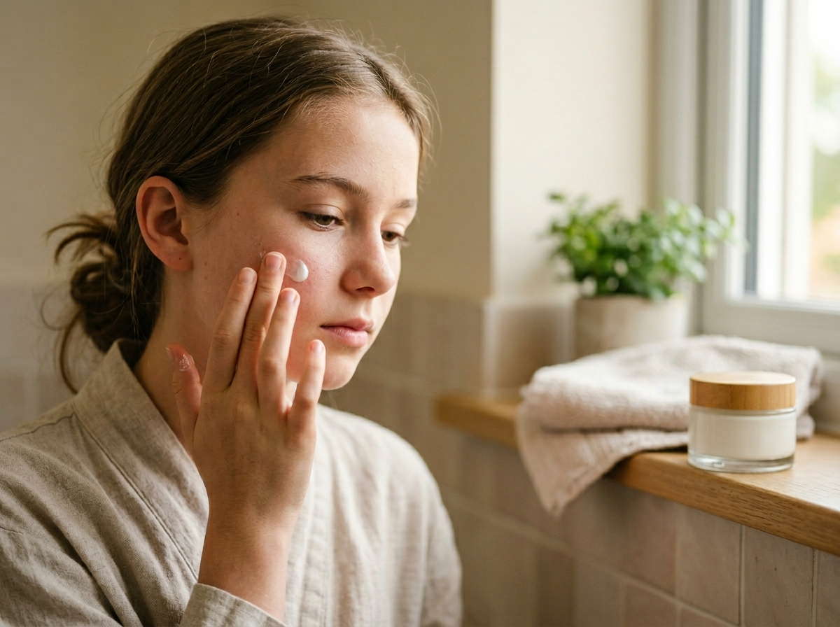 Młoda osoba delikatnie nakładająca nawilżający krem na policzek, symbolizujący dobre kosmetyki dla 12 latka.