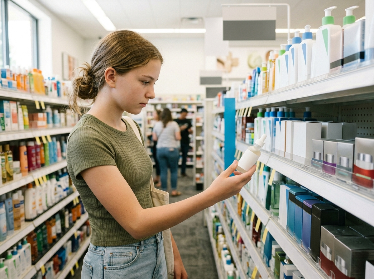 Nastolatka wybiera niedrogie kosmetyki dla nastolatek z drogerii, sięgając po produkt z półki.