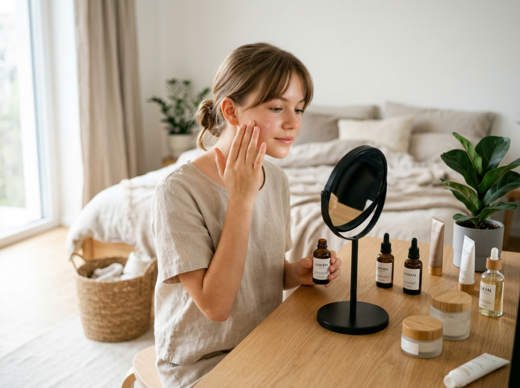 Nastolatka zamyślona, delikatnie nakładająca produkt z nowoczesnego zestawu kosmetyków dla nastolatków, w jasnym pokoju.