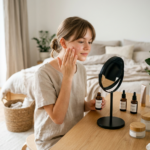 Nastolatka zamyślona, delikatnie nakładająca produkt z nowoczesnego zestawu kosmetyków dla nastolatków, w jasnym pokoju.