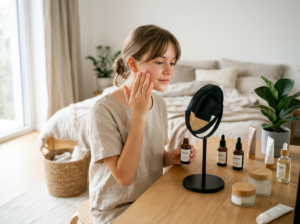 Nastolatka zamyślona, delikatnie nakładająca produkt z nowoczesnego zestawu kosmetyków dla nastolatków, w jasnym pokoju.