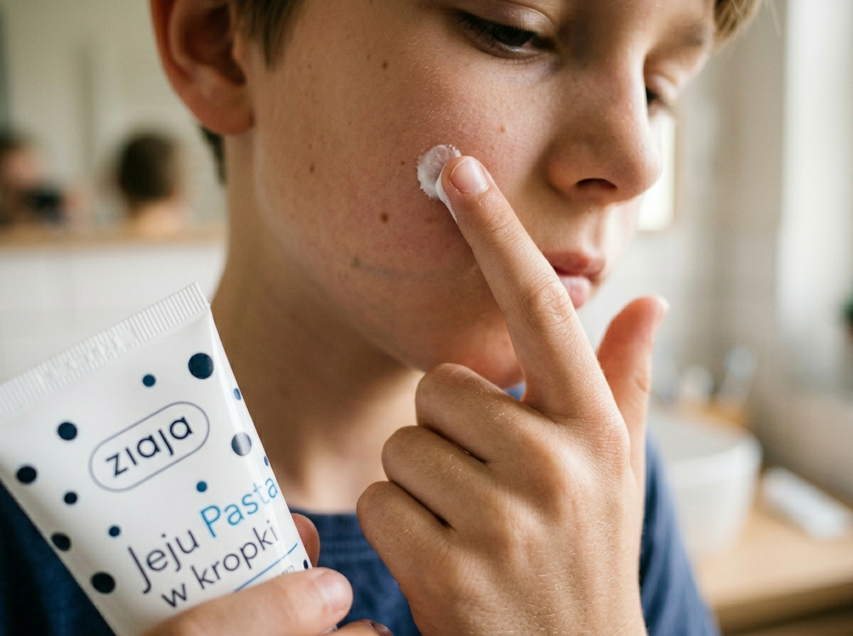 Ręce 12-letniego chłopca aplikujące pastę Ziaja Jeju na policzek, prezentujące kosmetyki dla 12 latka.