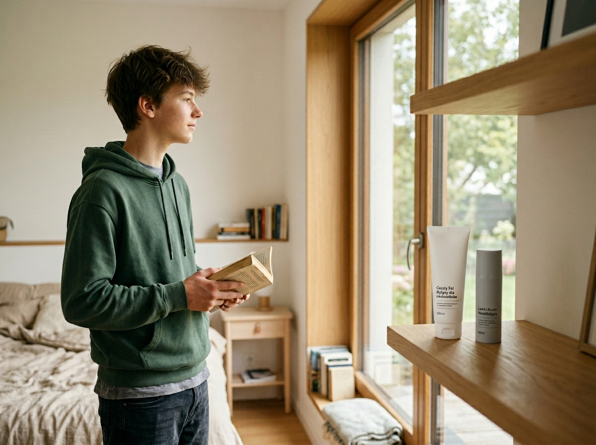 Spokojny nastolatek w pokoju, obok minimalistyczny zestaw kosmetyków dla nastolatków, naturalne światło.
